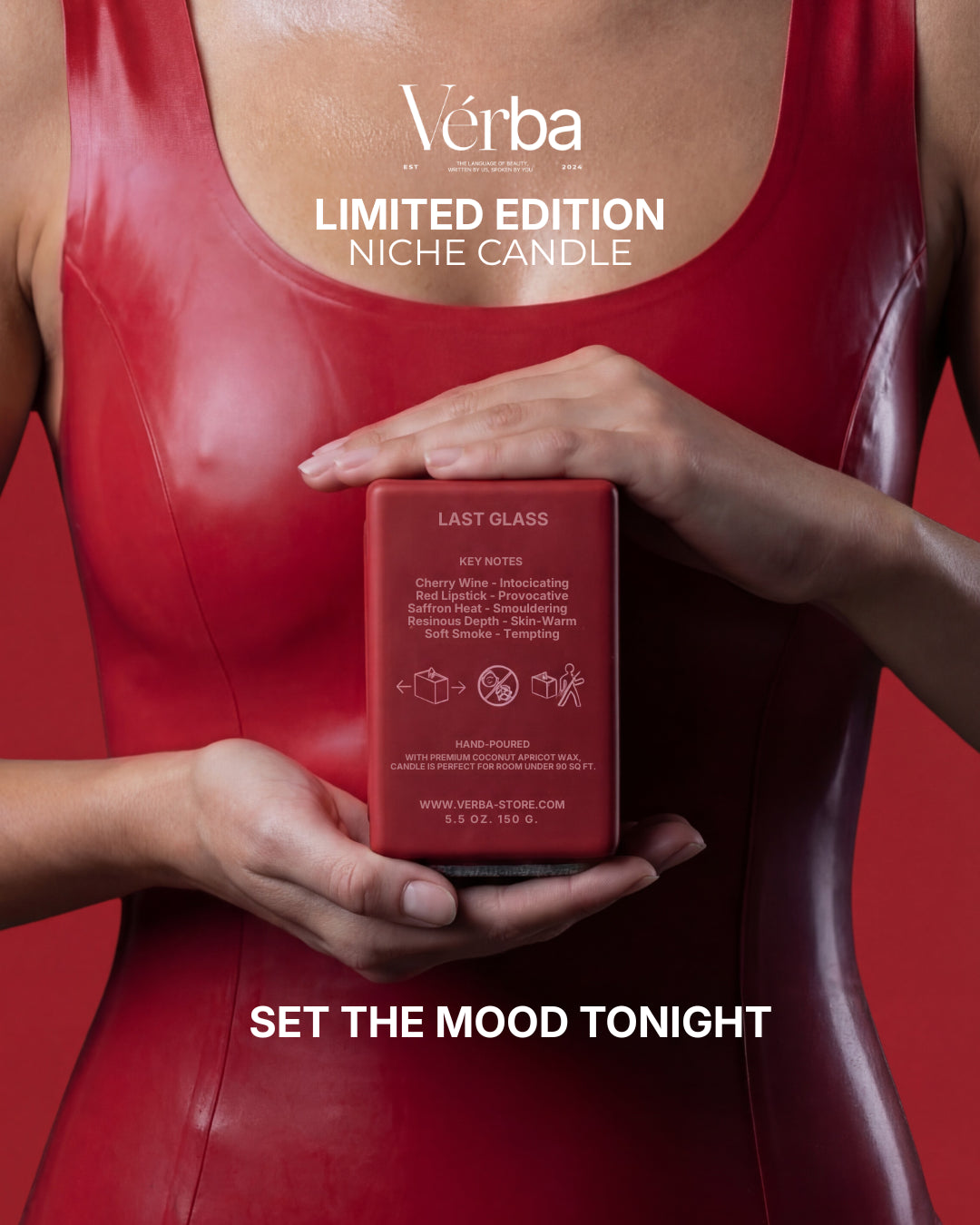 Woman in red holding the Last Glass limited edition cherry wine candle by Vérba
