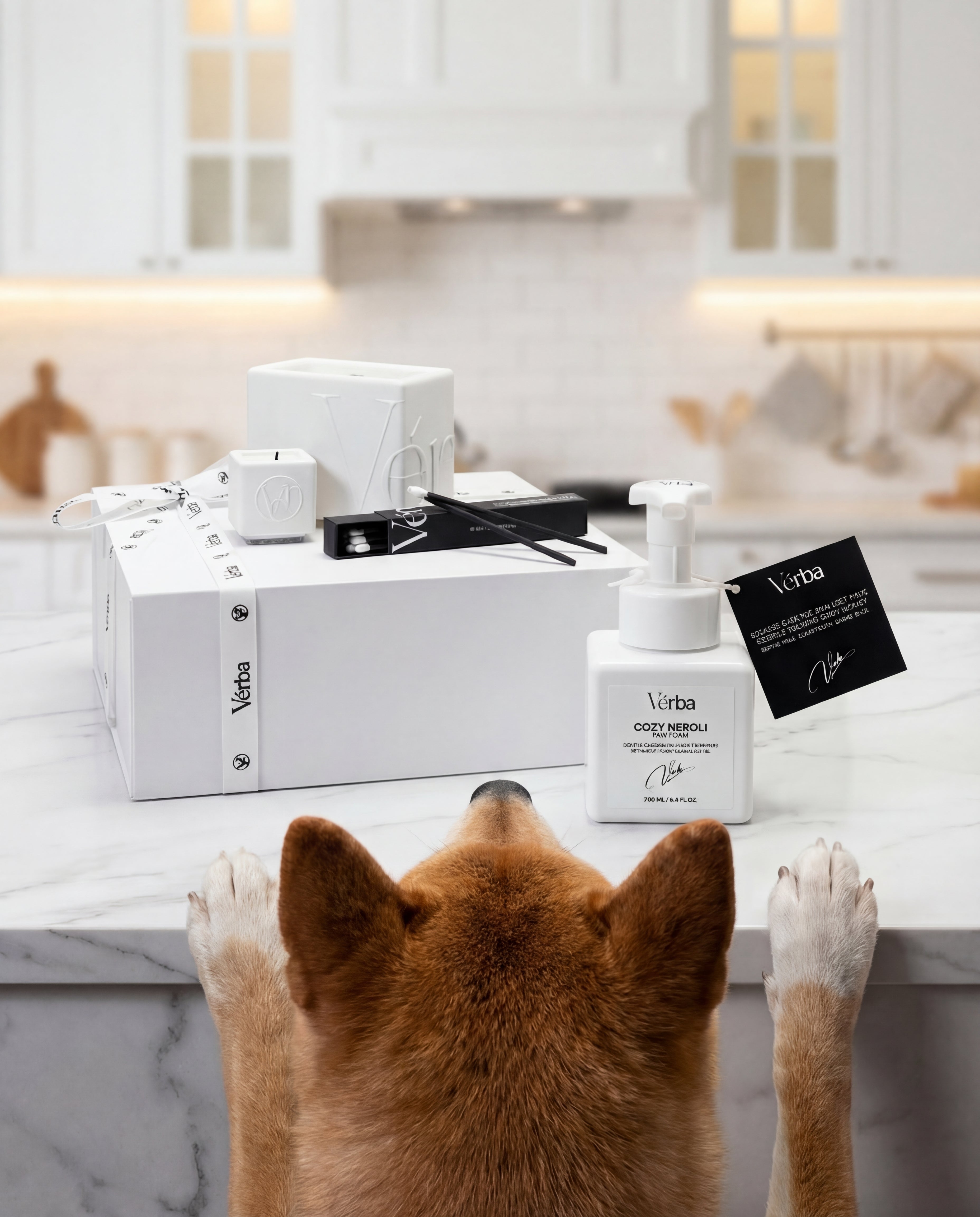 Shiba Inu dog resting paws on a marble countertop, looking at niche scented candles and a paw cleansing foam displayed in a bright, dog-friendly kitchen.