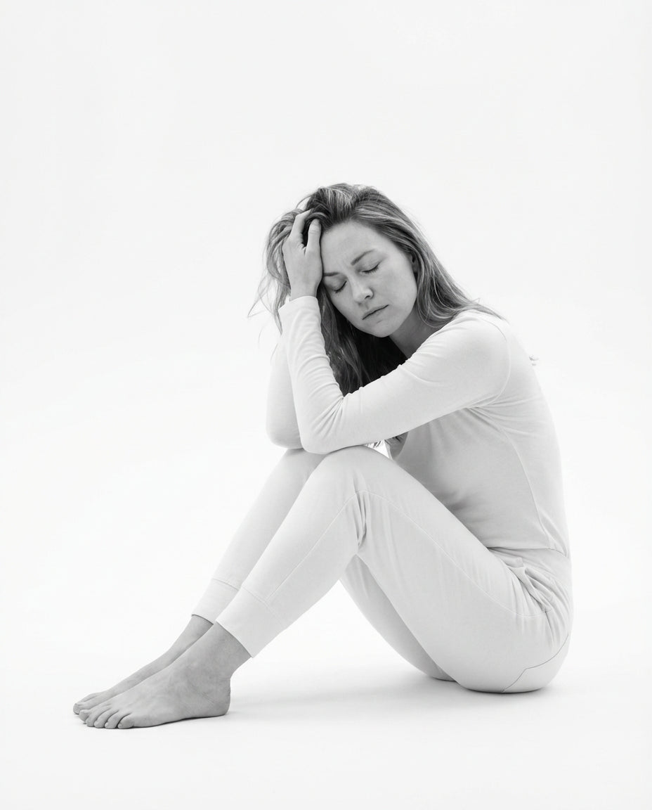 Person in white sitting on a studio floor, holding their head as if dizzy or with a headache