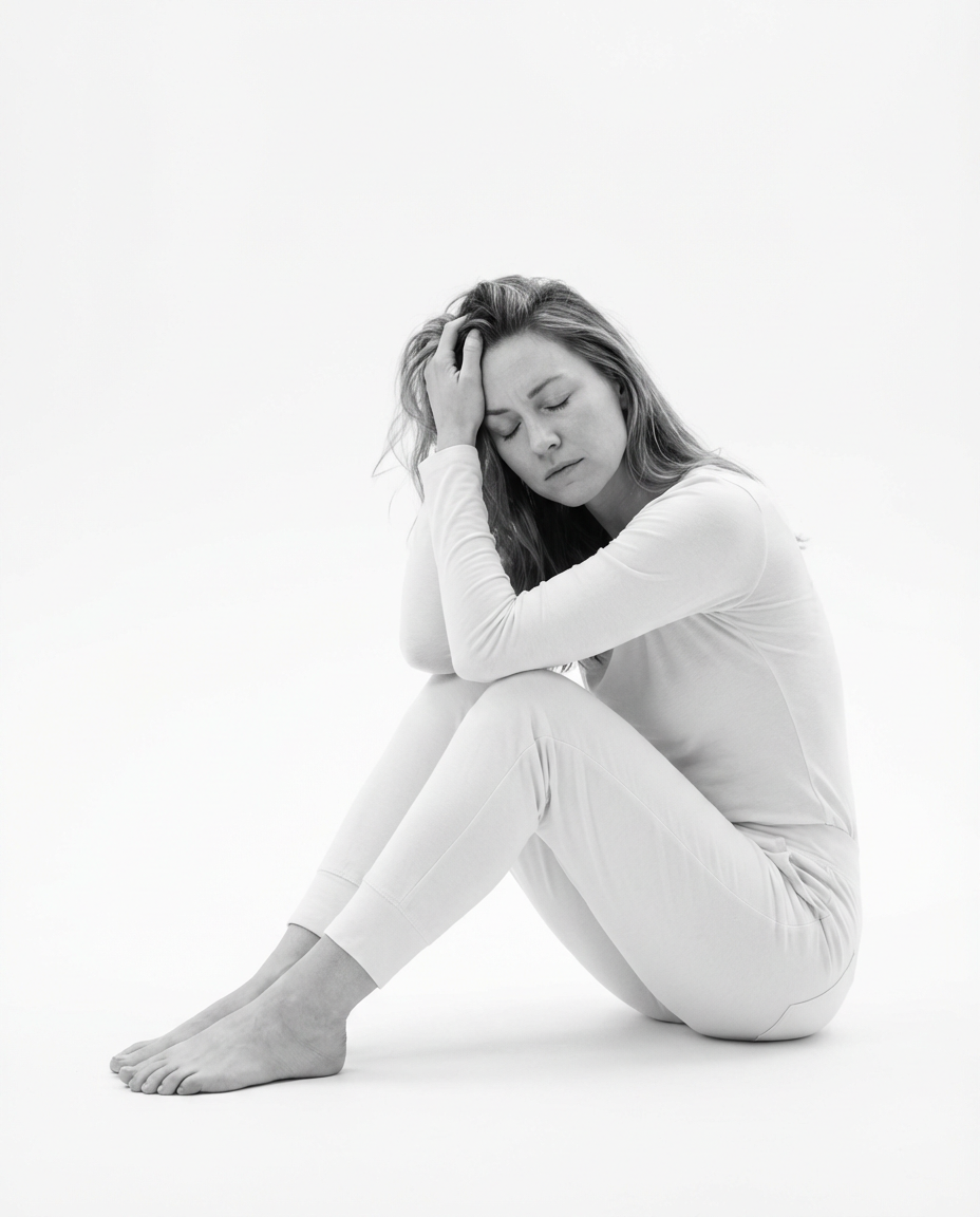 woman in white cyclorama holding head like she got headache