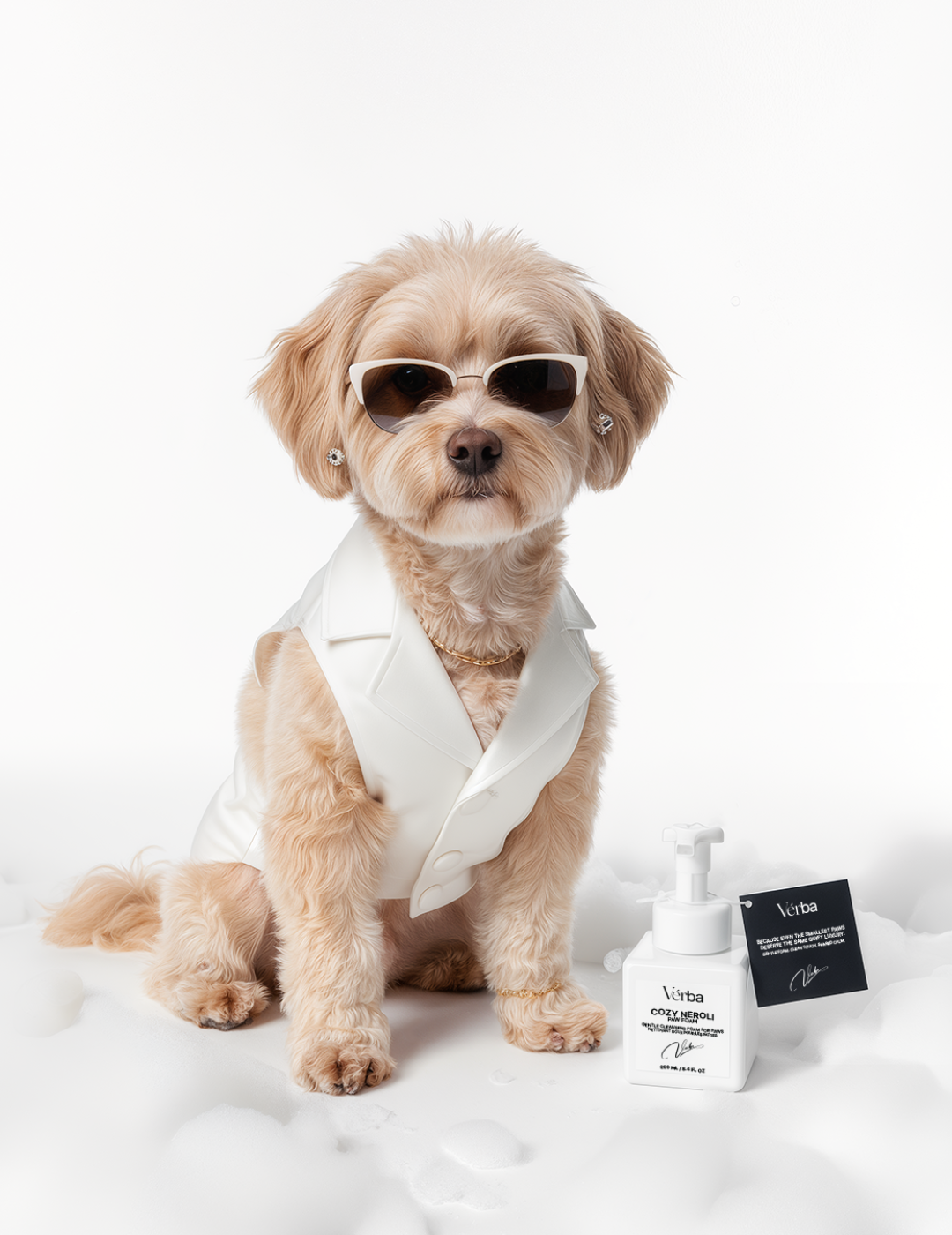 Small dog maltipu wearing white vest and sunglasses sitting beside Verba Cozy Neroli Perfumed Paw Foam on a white background