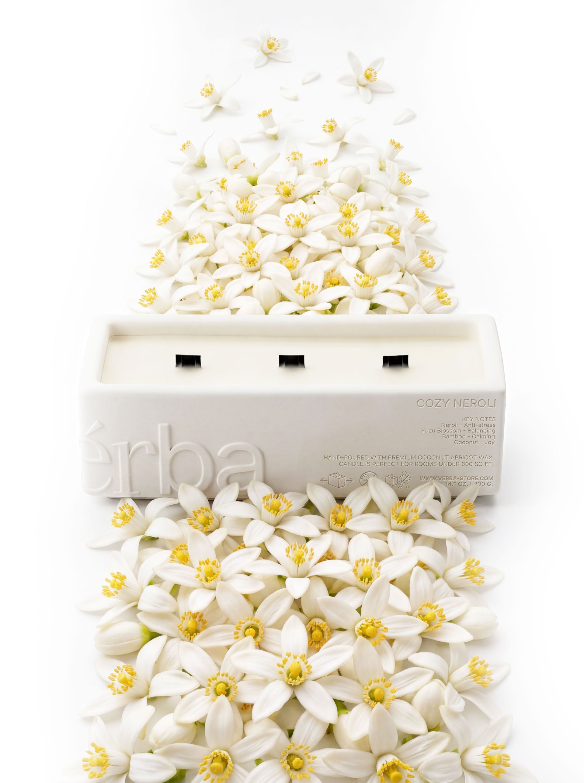 Verba Cozy Neroli large niche scented candle with wooden wick — product photography