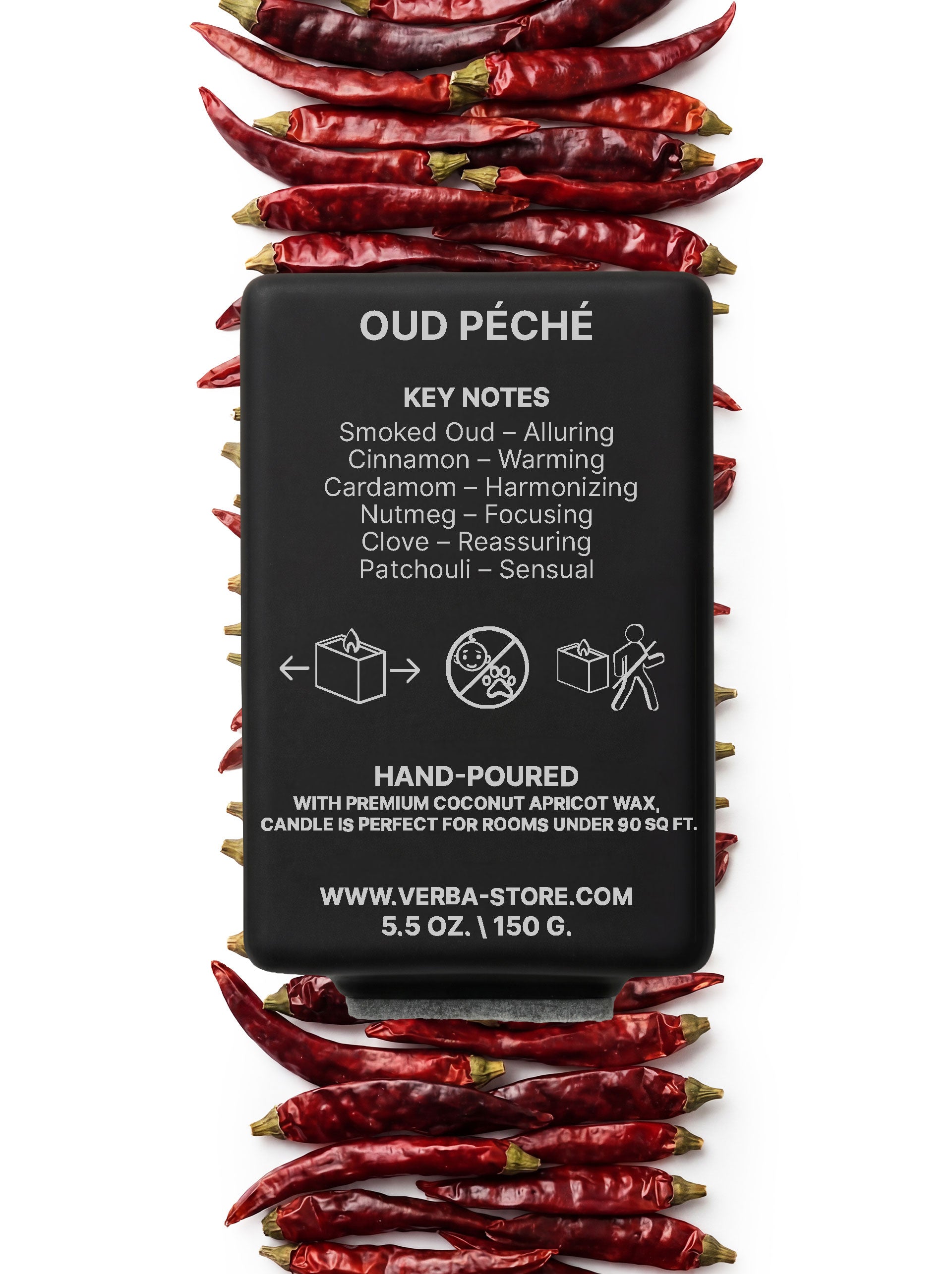 Verba Oud Pêche niche scented candle with wooden wick — product photography on neutral background