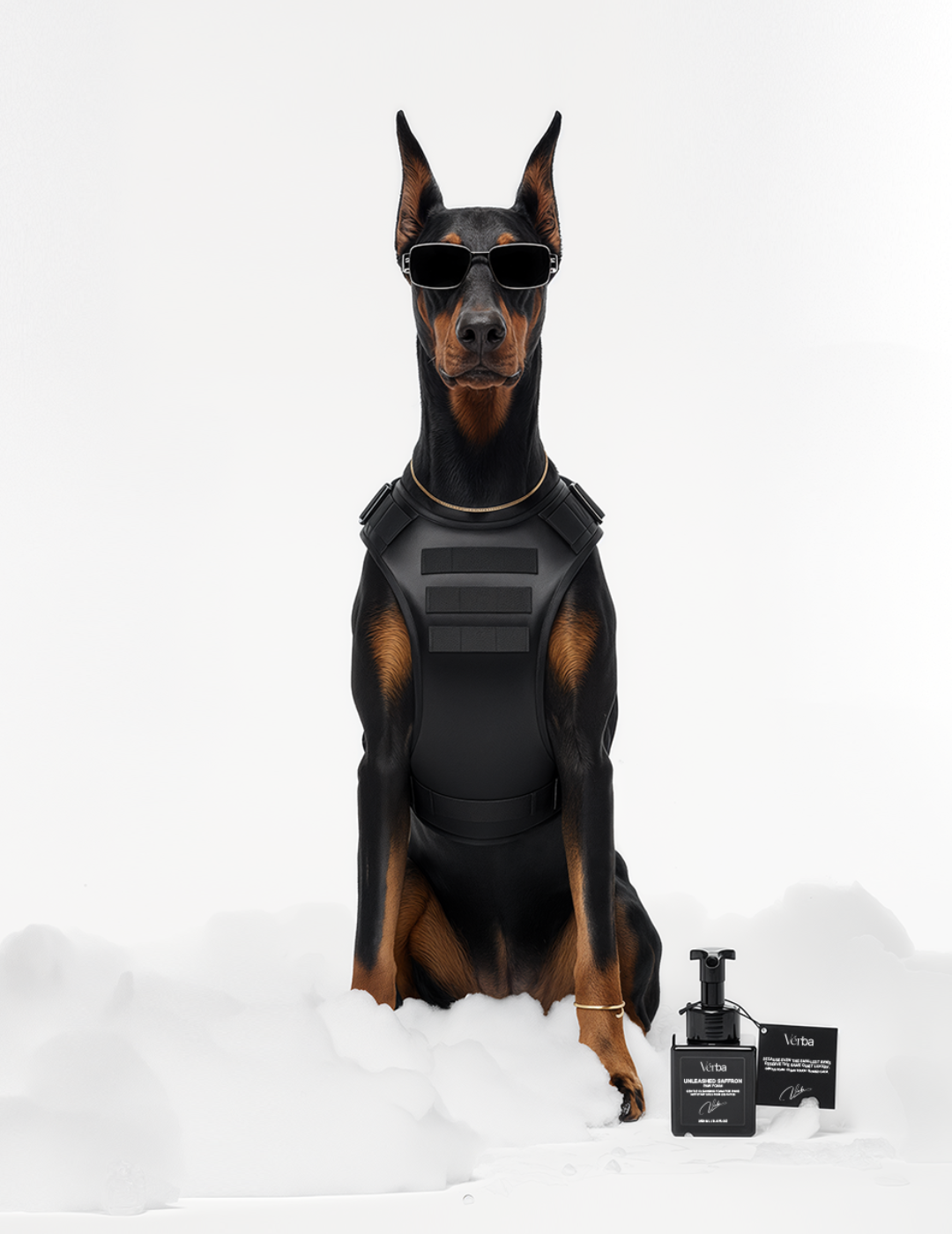 Doberman wearing black vest and sunglasses sitting beside Verba Unleashed Saffron Perfumed Paw Foam bottle on white foam background