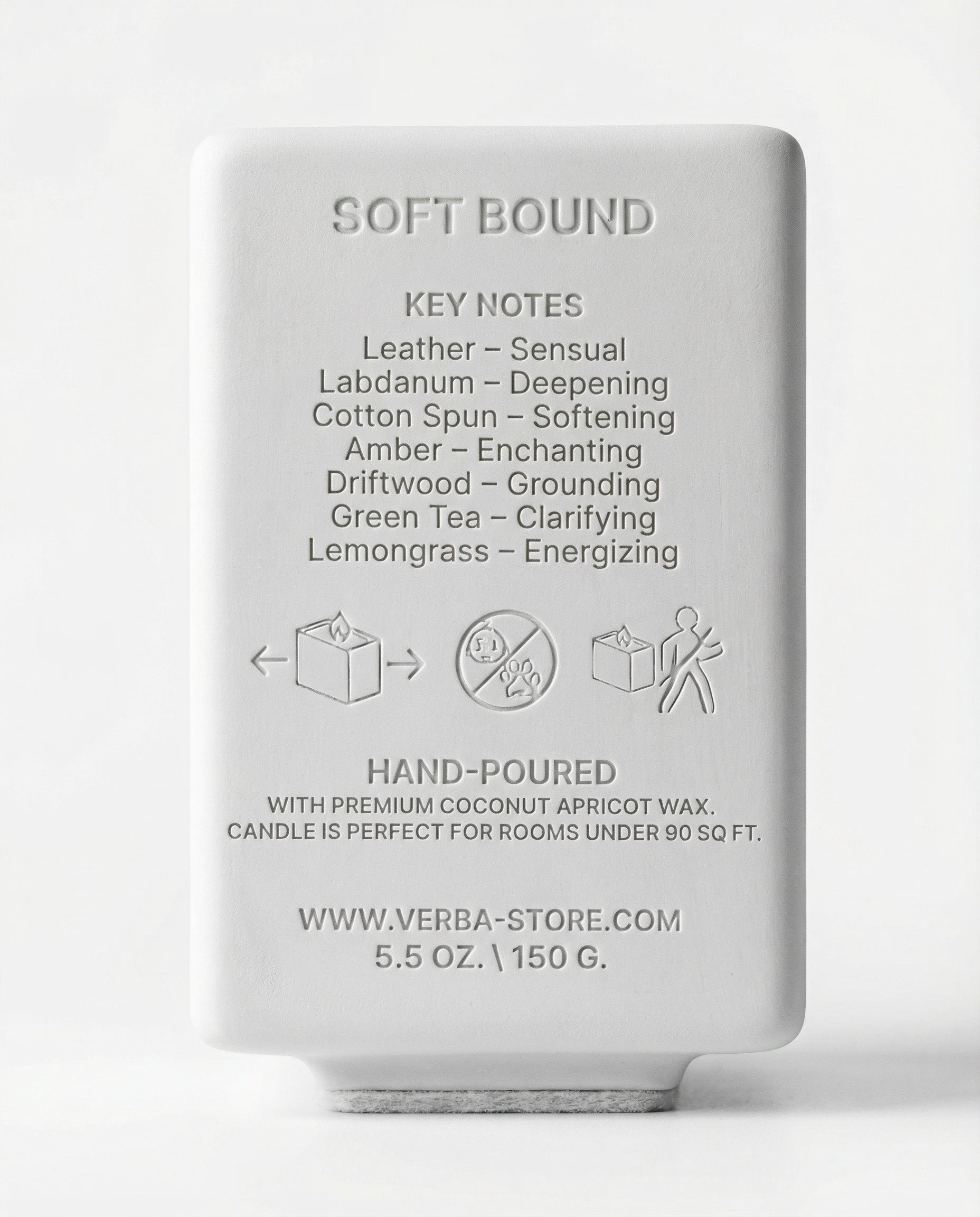 Engaving close up of Niche leather and cotton spun wooden wick premium Soft Bound candle – Verba Toronto