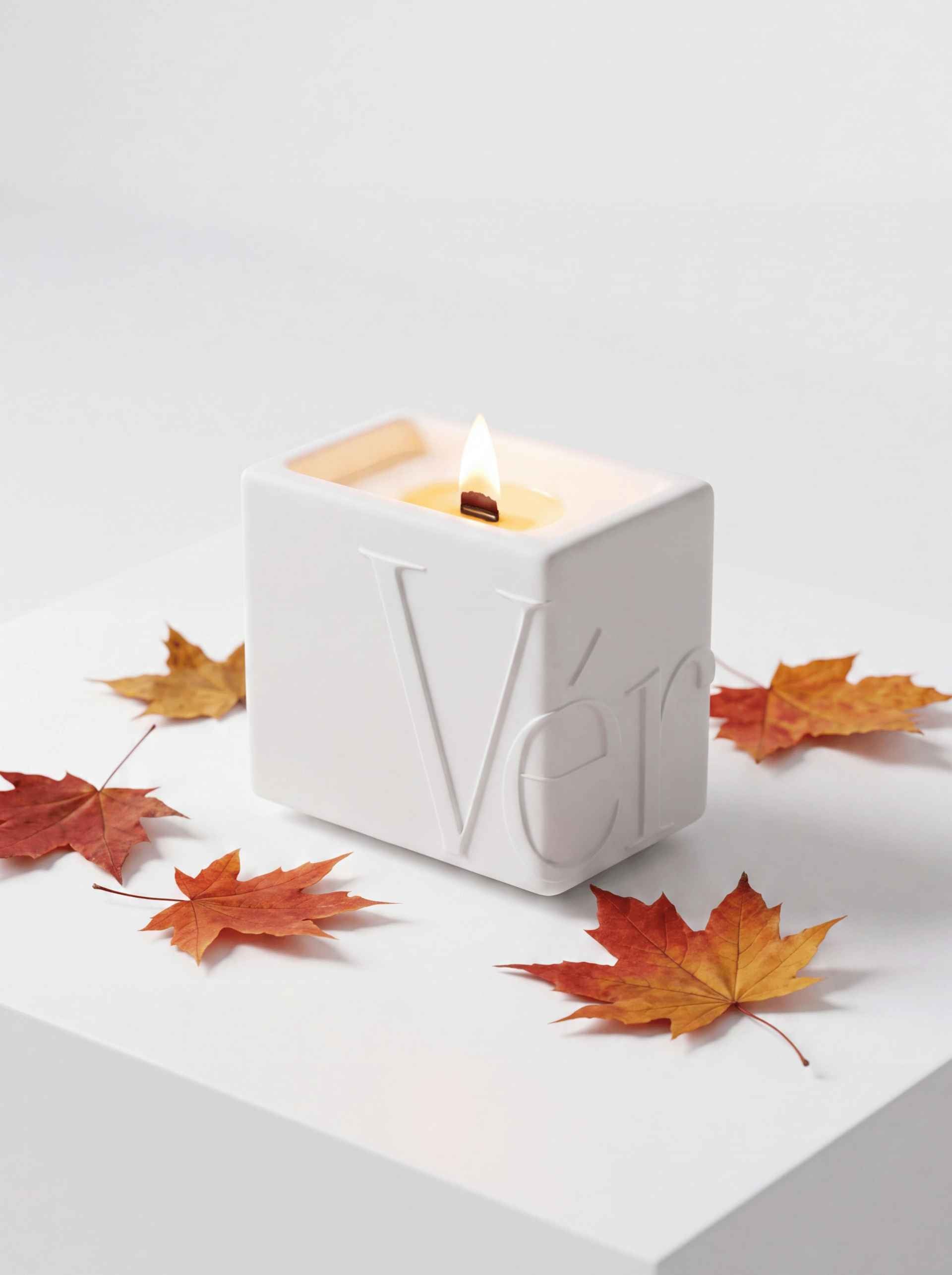 Lit Vérba candle in a white sculpted vessel with a black wooden wick, surrounded by orange maple leaves — fall candle scents hand-poured in Toronto