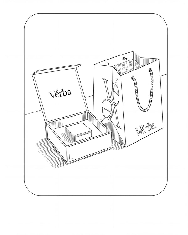 Line illustration of an open Vérba gift box and branded shopping bag