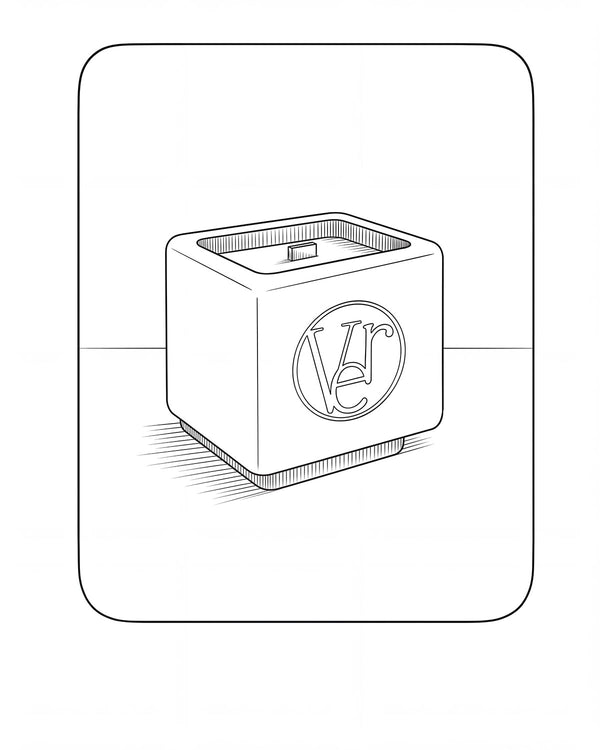 Line illustration of a Vérba candle with the debossed monogram