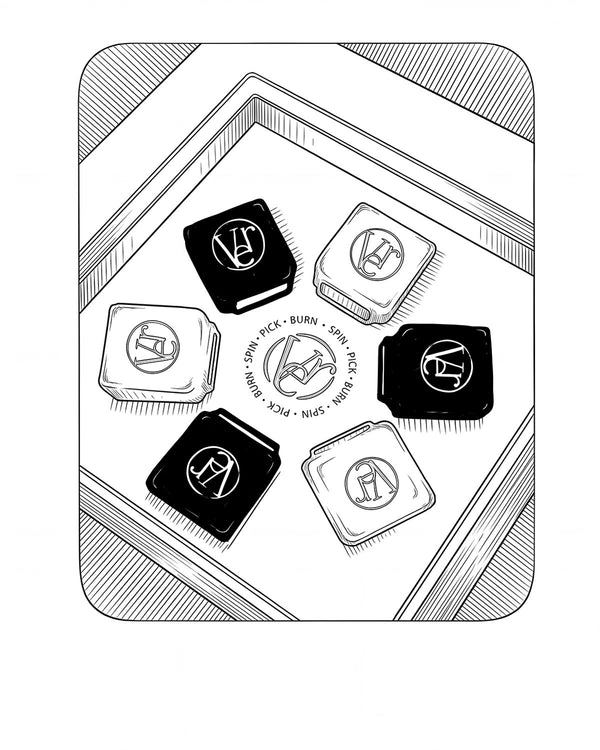 Line illustration of the Vérba Discovery Set — six black and white mini candles in an open drawer box