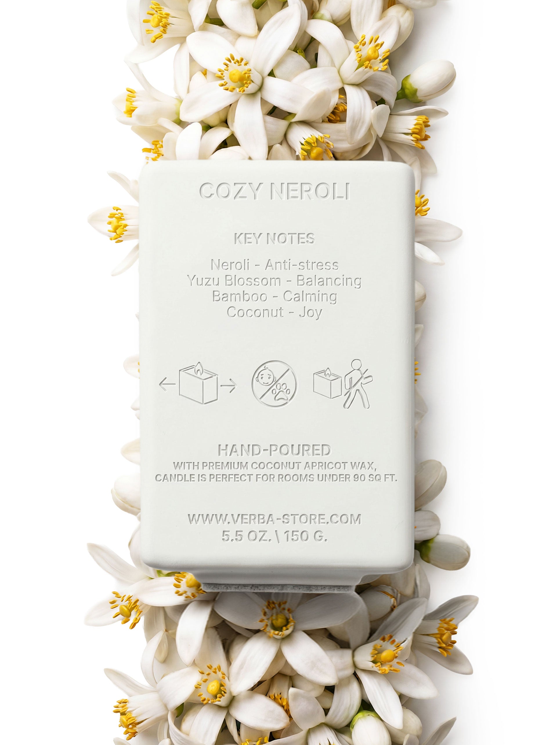 Verba Cozy Neroli niche scented candle with wooden wick — product photography on light background