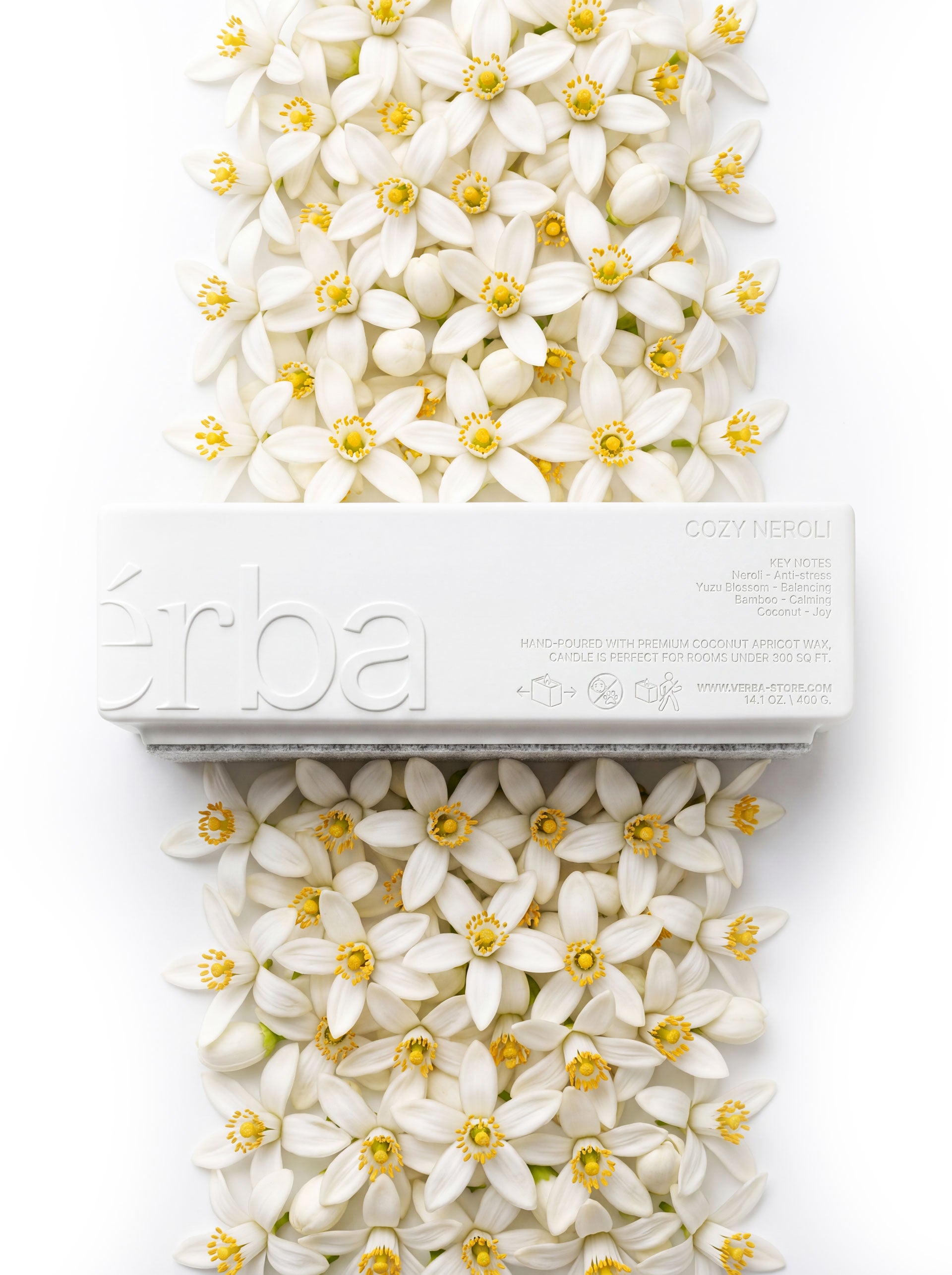 Verba Cozy Neroli large niche scented candle with wooden wick — product photography