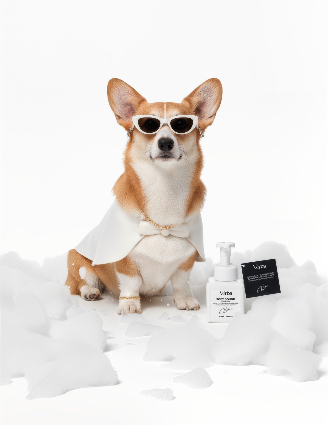 Corgi wearing white cape and sunglasses sitting beside Verba Soft Bound Perfumed Paw Foam bottle on white foam background