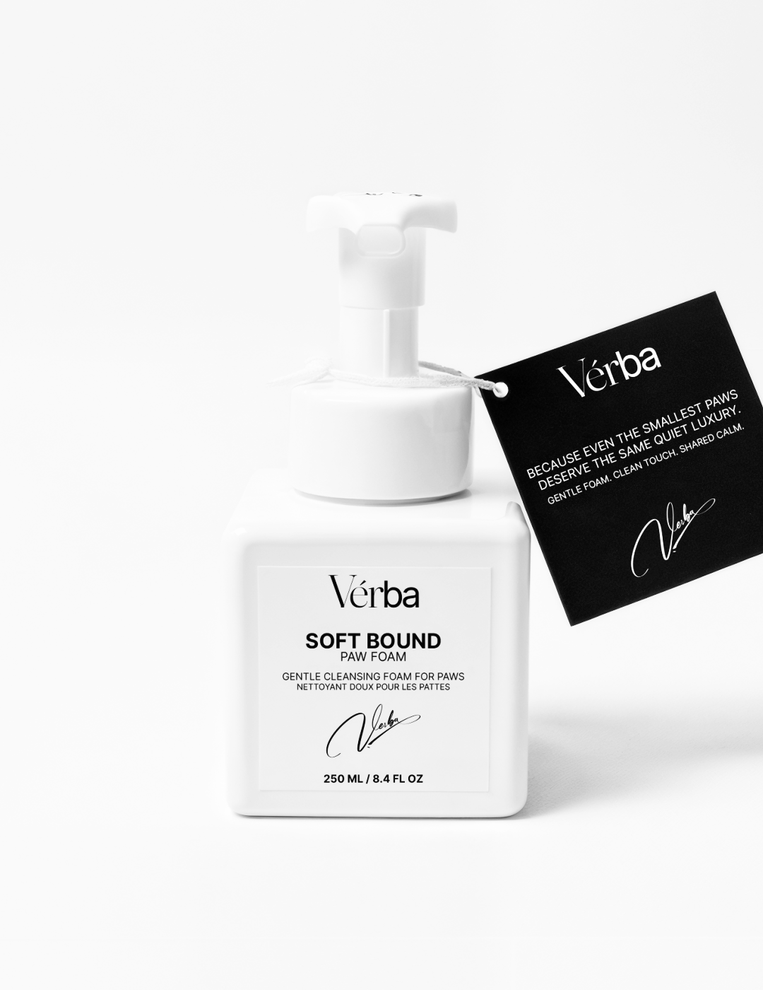 Verba Soft Bound paw foam bottle with a black tag on a white background — gentle cleansing foam for paws.