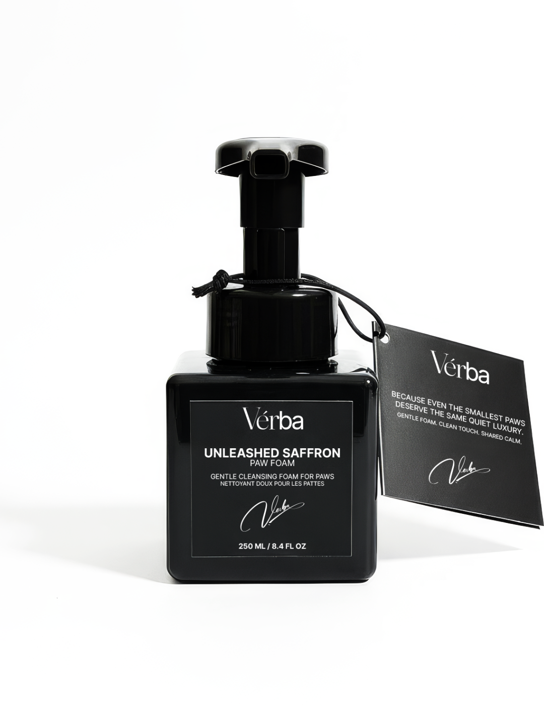 Verba Unleashed Saffron Perfumed Paw Foam black bottle with tag on white background