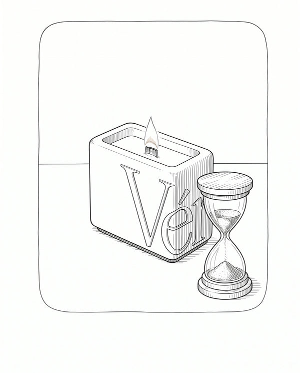 Candle care: lit Vérba candle beside an hourglass — burn no longer than 3–4 hours — line illustration