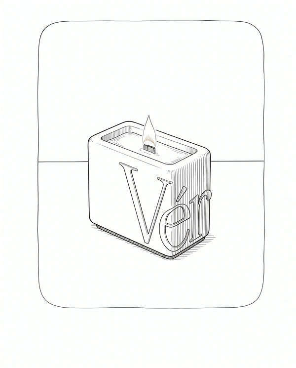 Candle care: first burn of a Vérba coconut-apricot wax candle with a full melt pool reaching the edges — line illustration