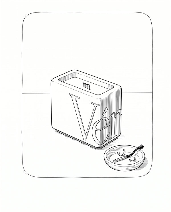 Candle care: clean wax surface of a Vérba candle, used match and wick trimmings kept in a dish — line illustration