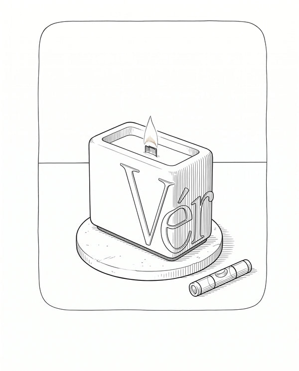 Candle care: lit Vérba candle on a level, heat-resistant stone coaster — line illustration