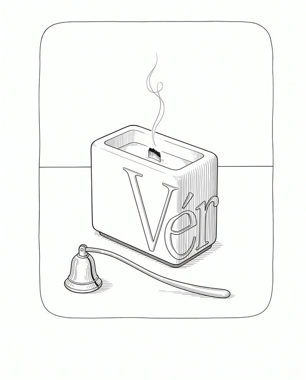 Candle care: Vérba candle extinguished with a snuffer when about 1 cm of wax remains — line illustration
