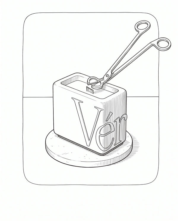 Candle care: trimming the wooden wick of a Vérba candle to 3 mm with a wick trimmer — line illustration
