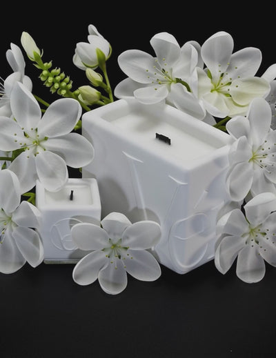 White Verba candles surrounded by blooming neroli and jasmine flowers — Cozy Neroli fragrance video.