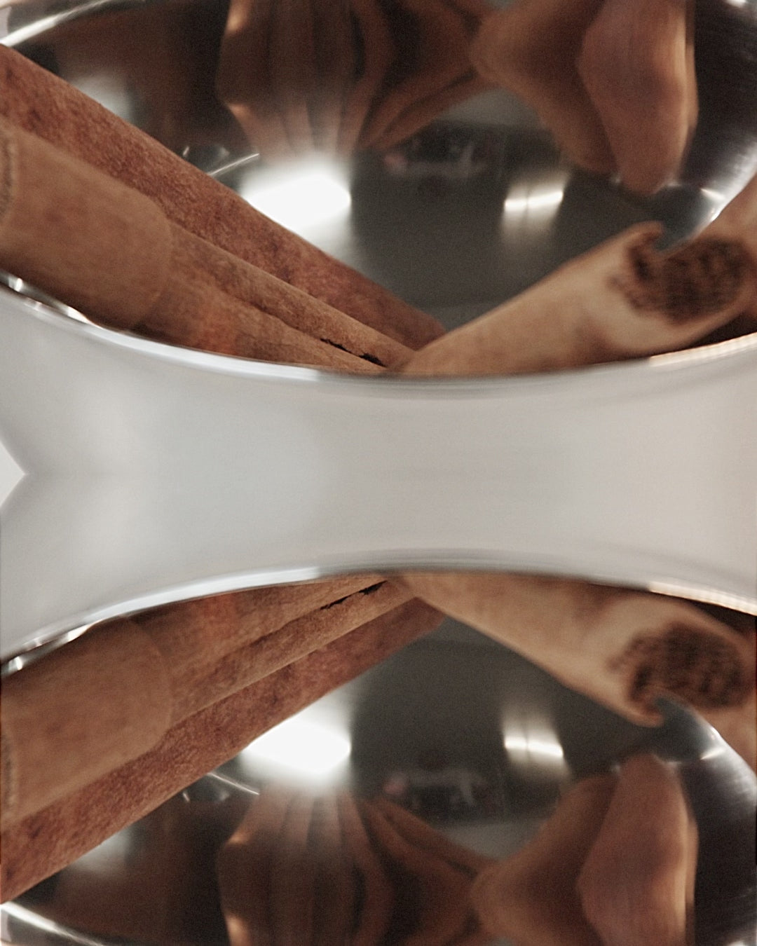 Stylish slow-motion video of cinnamon sticks and caramel swirling in a glass vessel, evoking the warm Cinnamon Hug candle fragrance.