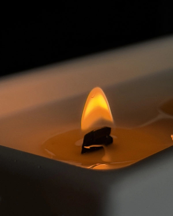 Warm flame on the crackling wooden wick of a lit Vérba candle